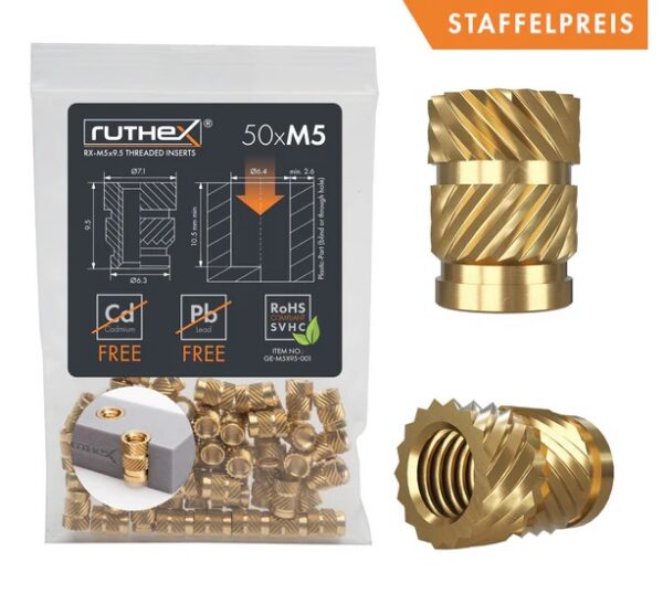 RUTHEX M5 brass threaded insrets RX-M5X9.5 - 50 PCS - Image 2